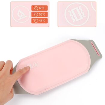 Coussin ovale rose et gris avec une main posée dessus. Au dessus du coussin se trouve un tableau des températures et un symbole de portable vibrant blanc sur fond rose