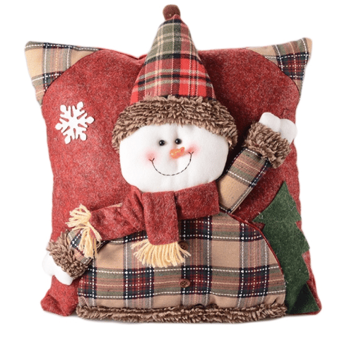 Joli coussin de noël rouge orné d'un bonhomme de neige souriant qui salue en levant la main. Il est habillé en motif écossais.