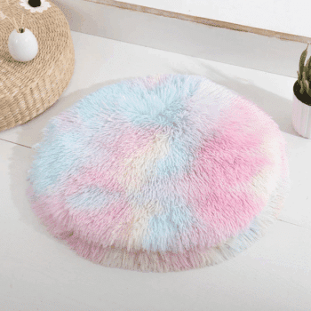 Joli coussin rond anti-stress pour chien multicolor, couleur arc-en-ciel. Il est posé par terre près d'un pouf en rotin.