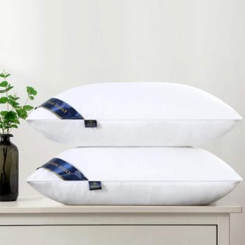 2 coussins blancs empilés posés sur une commode blanche. On voit une plante à gauche.