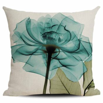 Housse de coussin en lin imprimé fleurs aquarelle bleu