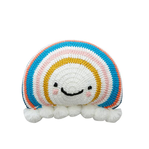 Coussin arc-en-ciel smiley tricoté en crochet avec pompons