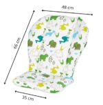 Chaise haute grise et blanche munie d'un coussin blanc avec des animaux colorés verts et bleus. Avec les mesures indiquées.