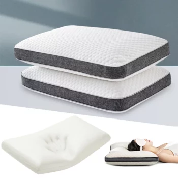 2 coussins blancs et gris sur fond gris. En bas, intérieur du coussin et personne utilisant le coussin.