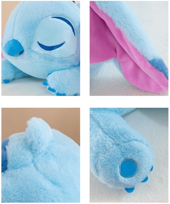 Une image montrant en détail le visage, la queue, les oreilles et les pattes du coussin peluche Stitch bleu en train de dormir