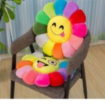 Coussins en forme de fleur avec un smiley au milieu et des pétales multicolore