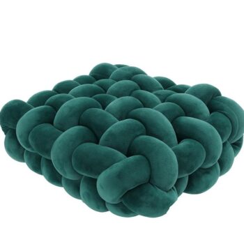 Joli coussin carré tissé avec des mailles géantes façon tricot. Bleu canard? Chic et élégant.