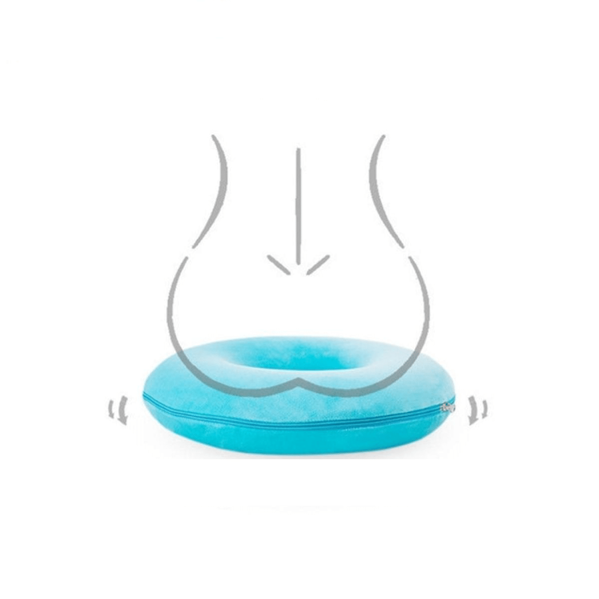 dessin d'un corps d'une femme assise de derrière sur un coussin coccyx circulaire réel de couleur bleu ciel