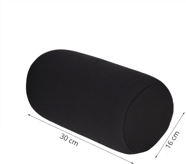 coussin microbilles cylindrique noir sur fond blanc, mes mesures sont indiquées, 16centimètres de largeur et 30 centimètres de longueur