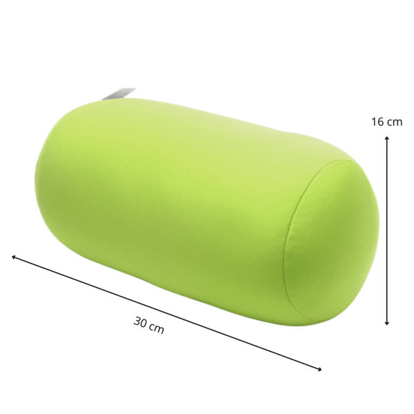 coussin microbilles cylindrique vert pomme sur fond blanc, mes mesures sont indiquées, 16centimètres de largeur et 30 centimètres de longueur