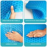 Coussin gel anti escarre bleu affichant 4 photos montrant la structure en nid d’abeille, la conception en gel double épaisseur, le fait que le coussin est lavable à la main et qu’il est doux et souple