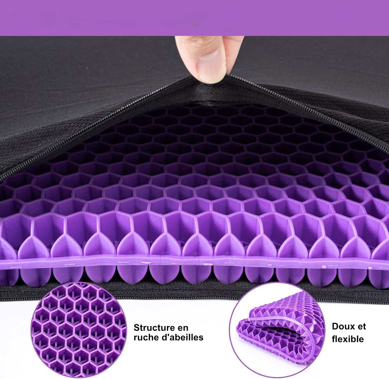 Coussin gel anti escarre violet large en forme de ruche d’abeilles, doux et flexible.