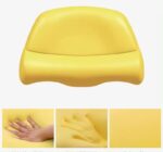 Mousse à mémoire de forme jaune sans la housse de protection, 3 photos miniatures, une montrant une main qui s’appuie sur la mousse, deux autres photos miniatures montrant la trace de main sur le coussin et une autre montrant la trace de la main qui disparaît avec le temps.