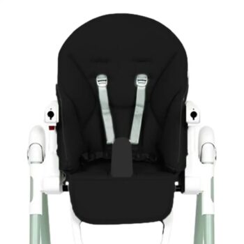 Coussin de chaise en cuir (Peg Perego Prima Pappa Zero3) de couleur noir posé sur une chaise haute blanche vu de face