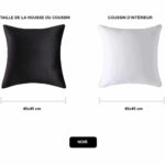 L’image présente une illustration explicative des dimensions et des composants du coussin carré noir. À gauche : Une housse de coussin noire en tissu, mesurant 45x45 cm. À droite : Un coussin intérieur blanc, également de 45x45 cm.